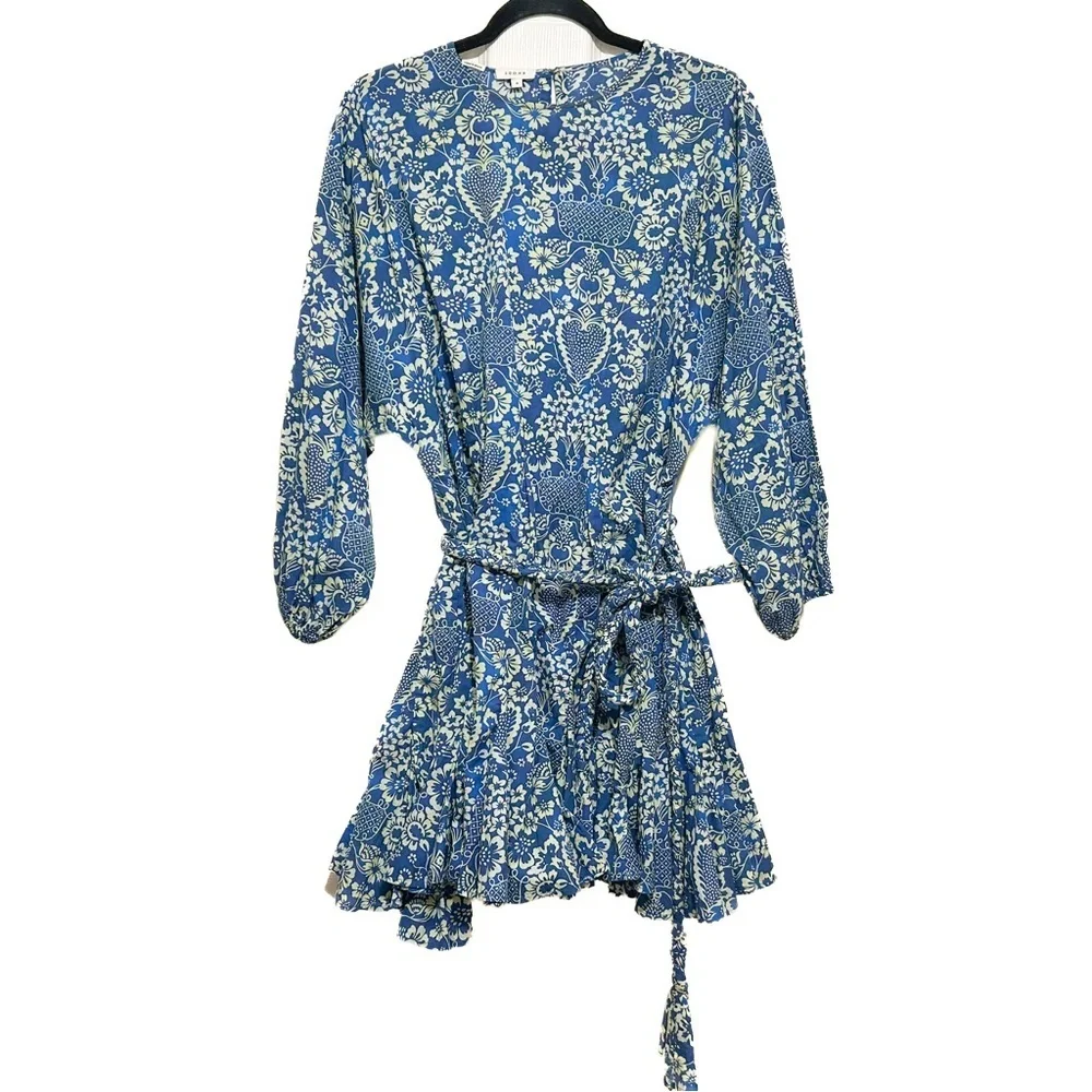 RHODE Floral Print Dress Blue Cream Feminine Ruffle Cotton Beach Vacation Sz Med